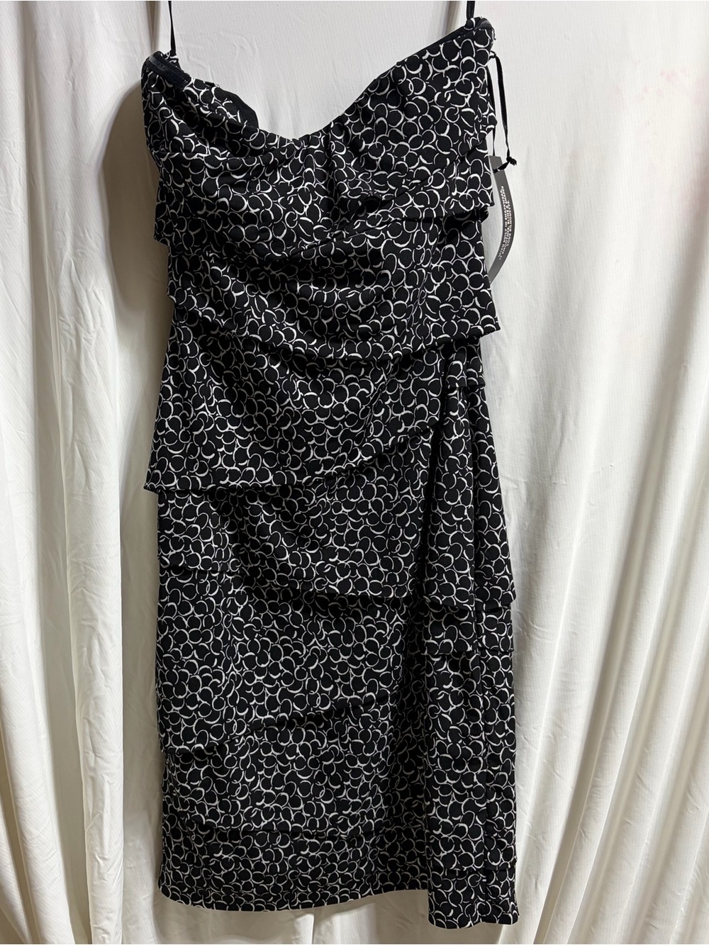 Strapless Black & White Printed Tiered Evening Dress